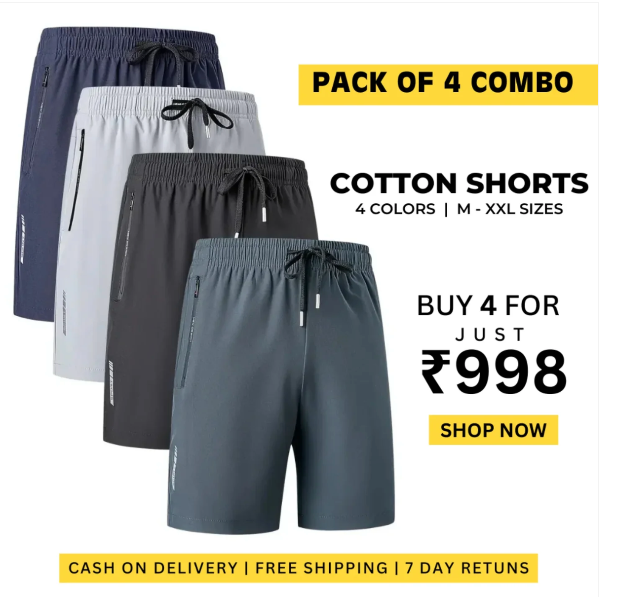 Combo of 4 Men's Stretchable Cotton Shorts for summers ☀️(₹249/piece)